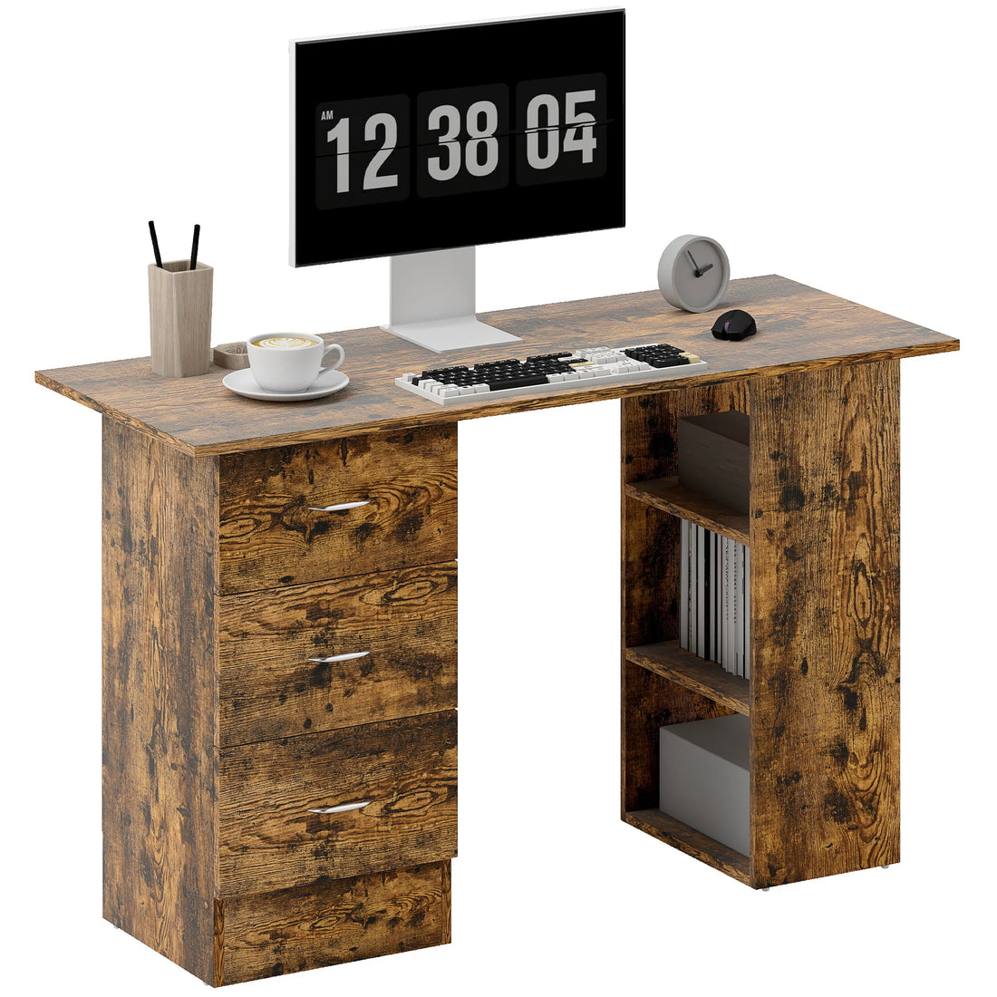 120cm Computer Desk, Study Table with 3 Shelf & Drawers