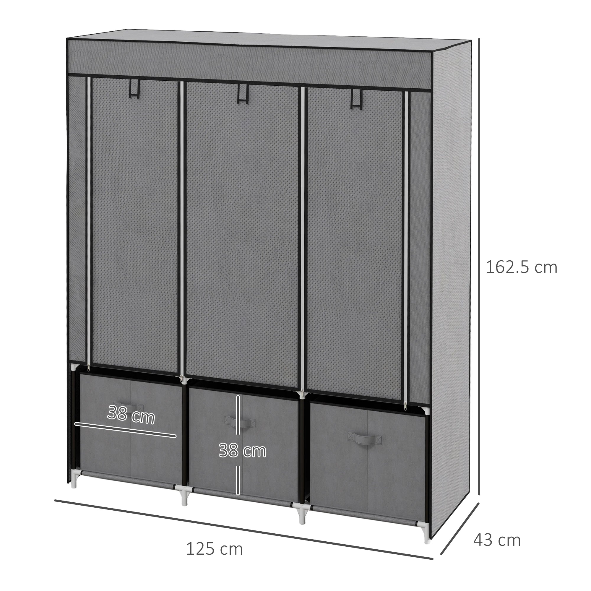 HOMCOM Portable Wardrobe w/ 5 Shelves 3 Fabric Drawers and 2 Hanging Rails Grey