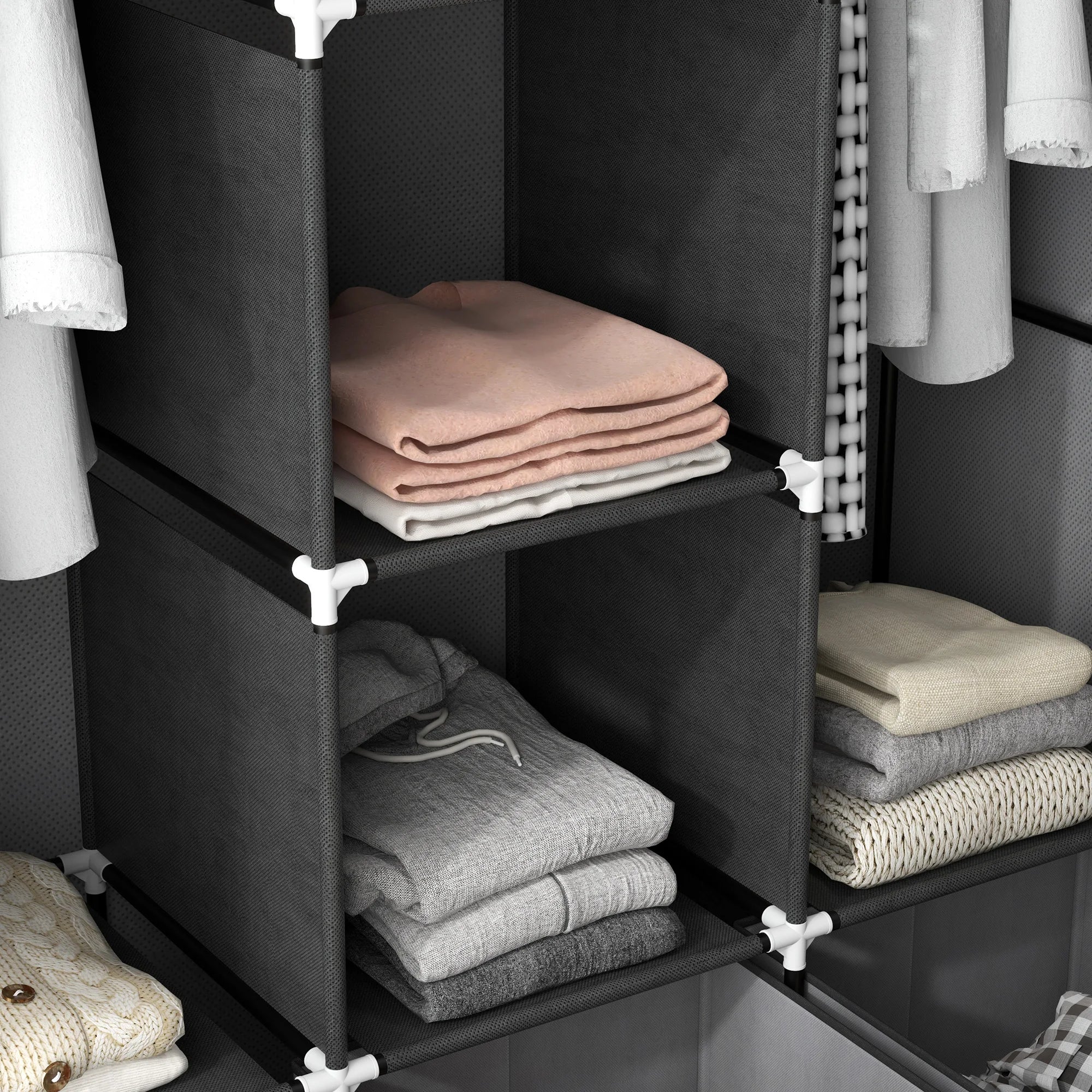 HOMCOM Portable Wardrobe w/ 5 Shelves 3 Fabric Drawers and 2 Hanging Rails Grey
