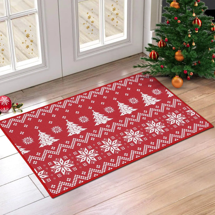 Non-Slip Christmas Door Mat with Classic Red Tree Design – Washable Indoor/Outdoor Holiday Welcome Rug for Home, Porch & Entryway