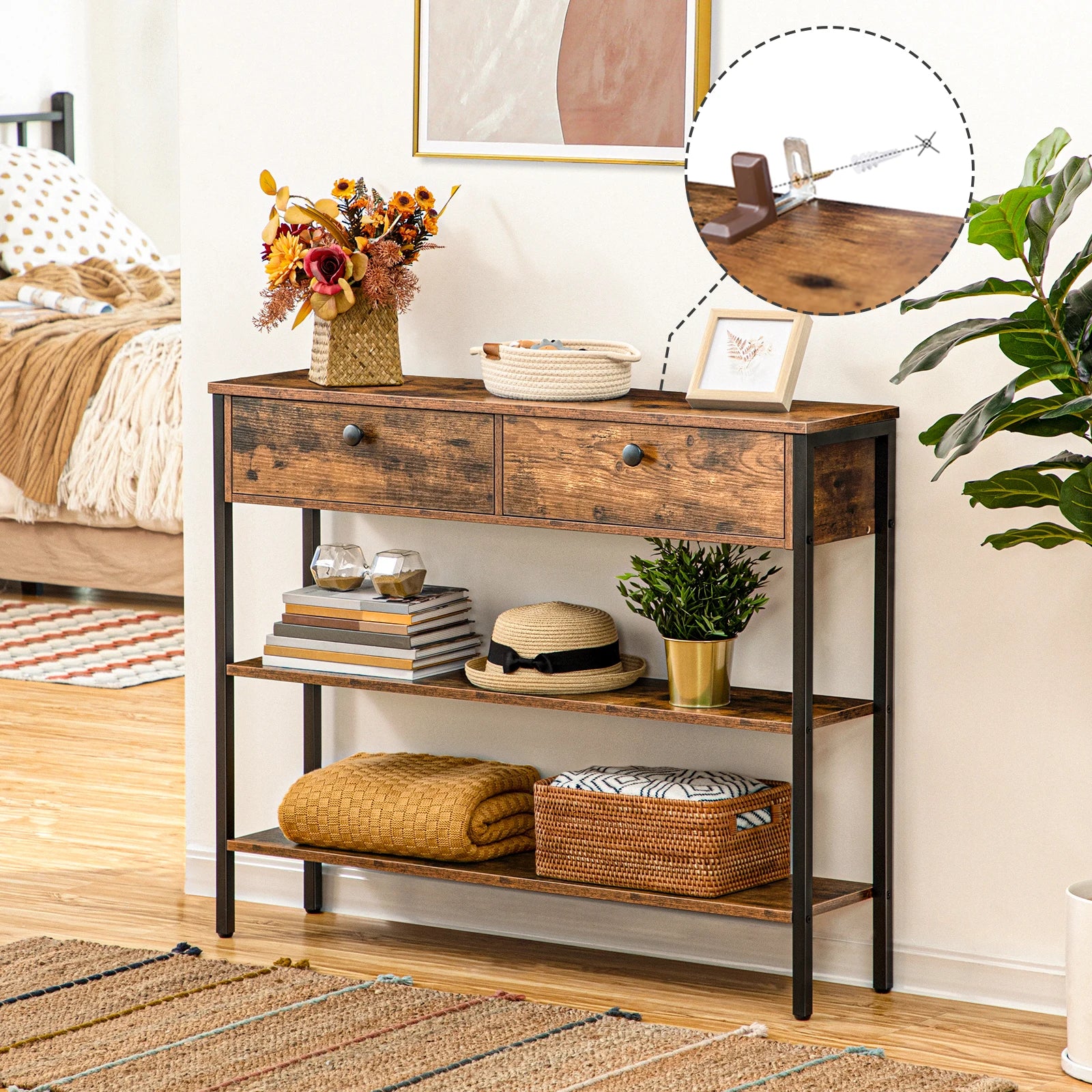 Rustic Brown Modern Console Table With 2 Drawers - Hallway Sofa Entryway Storage, Particleboard & Metal Frame Easy Assembly
