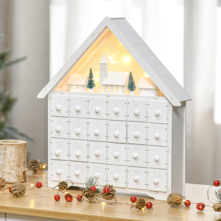 HOMCOM 24-Drawer Wooden Christmas Advent Calendar, Wooden Light-Up Holiday Decoration