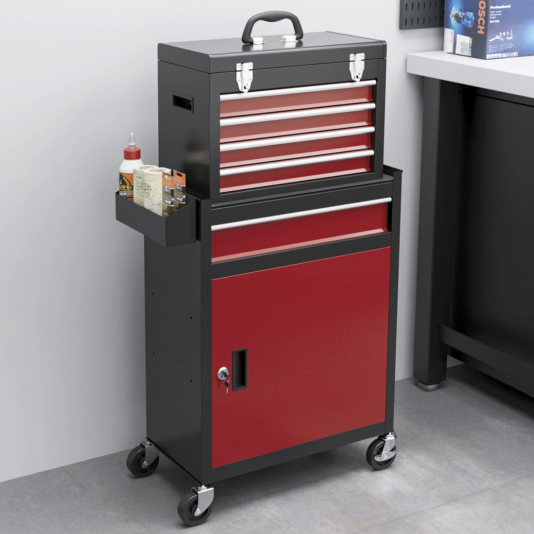 HOMCOM Tool Cabinet on Wheels with 5 Drawers Top Tool Chest Roller Cabinet Combo