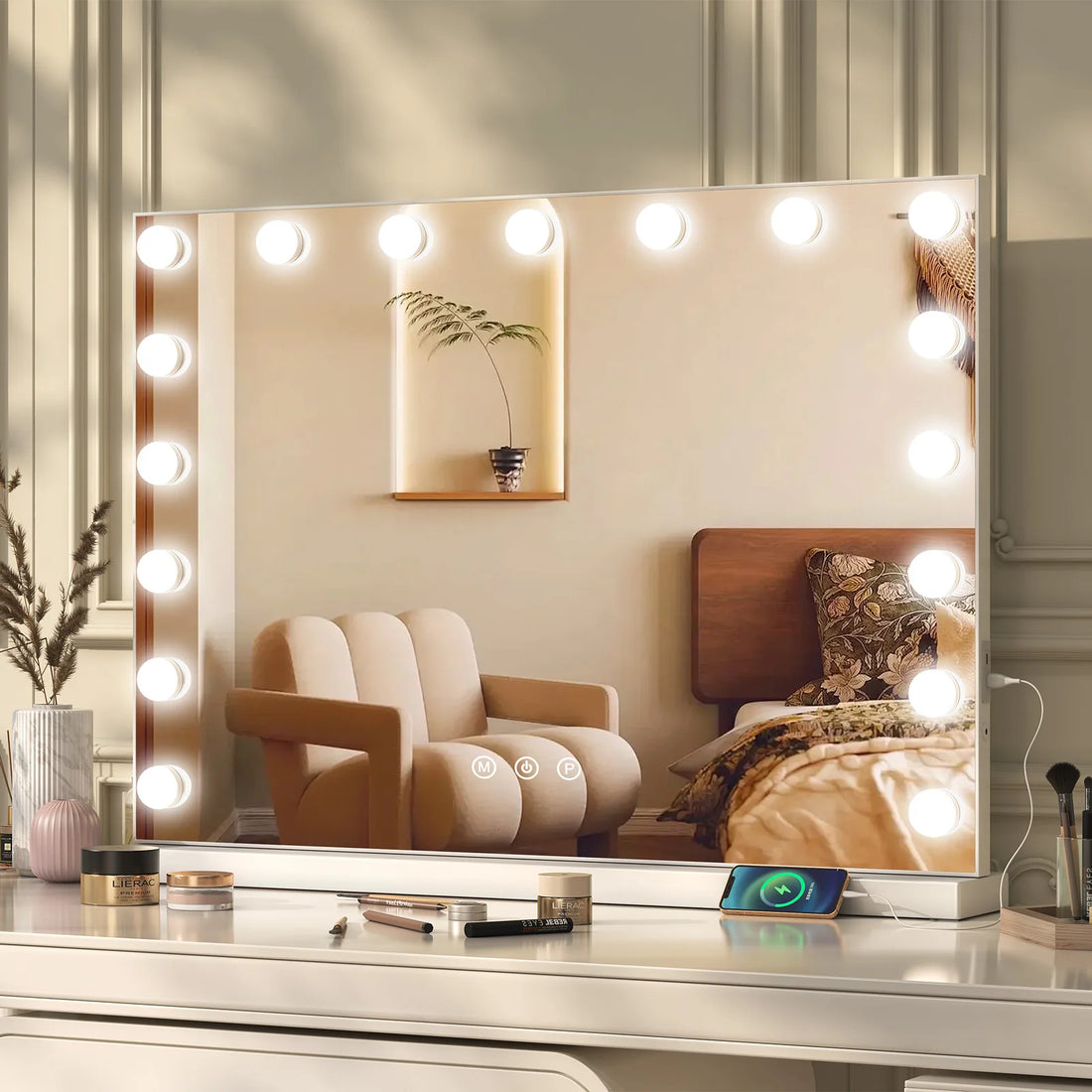 Dimmable LED Makeup Mirror, 10X Magnification, Three-Colour Touchscreen Makeup Mirror with Lighting, USB-Powered Desktop Mirror