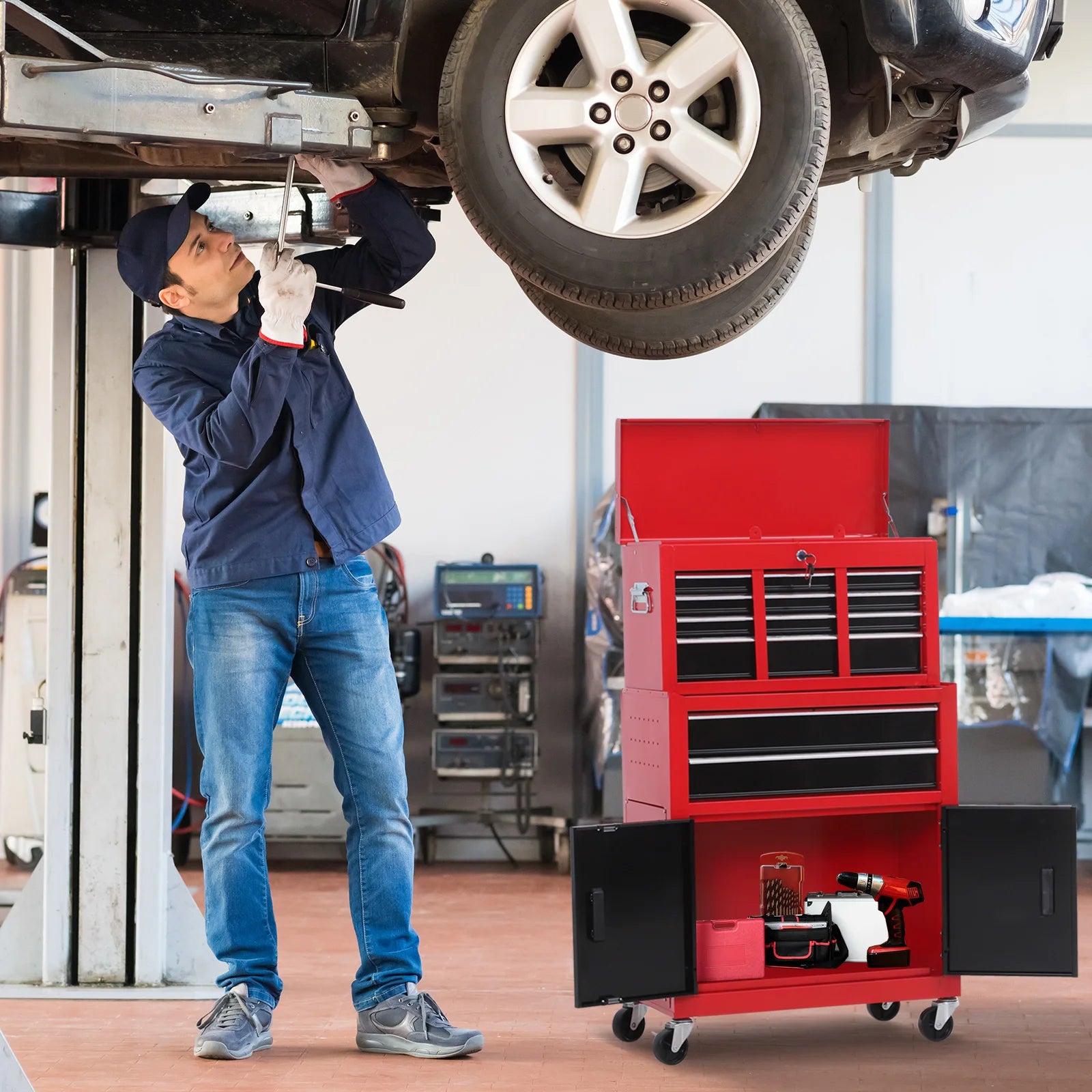 Portable Toolbox Tool Box Top Chest Cabinet Garage Storage Roll Cab Red New