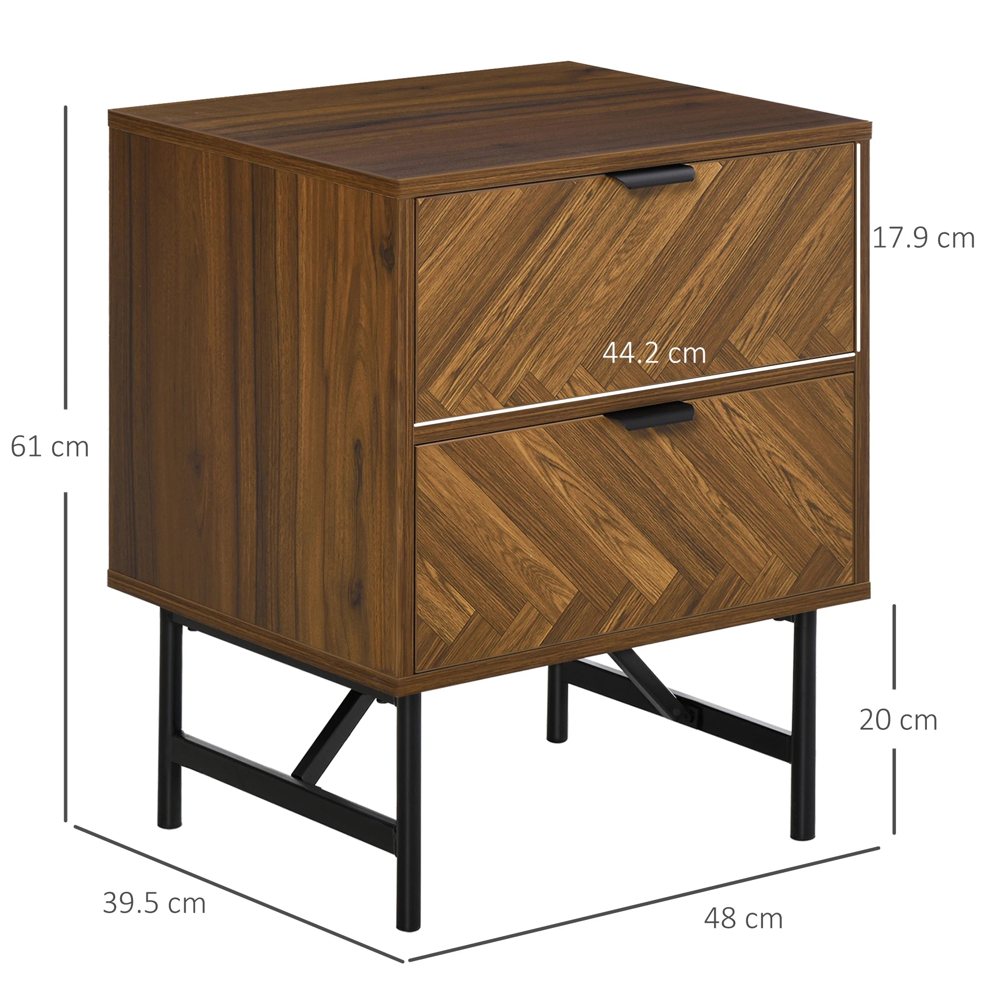 Two-Drawer Herringbone Bedside Table Home Cabinet Bedroom Storage Brown
