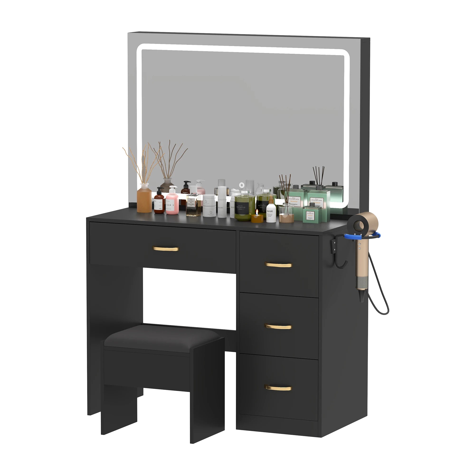 YITAHOME Dressing Table & Stool Set - Vanity Desk with 3-Color LED Mirror, 4 Drawers & Power Outlet (Black)