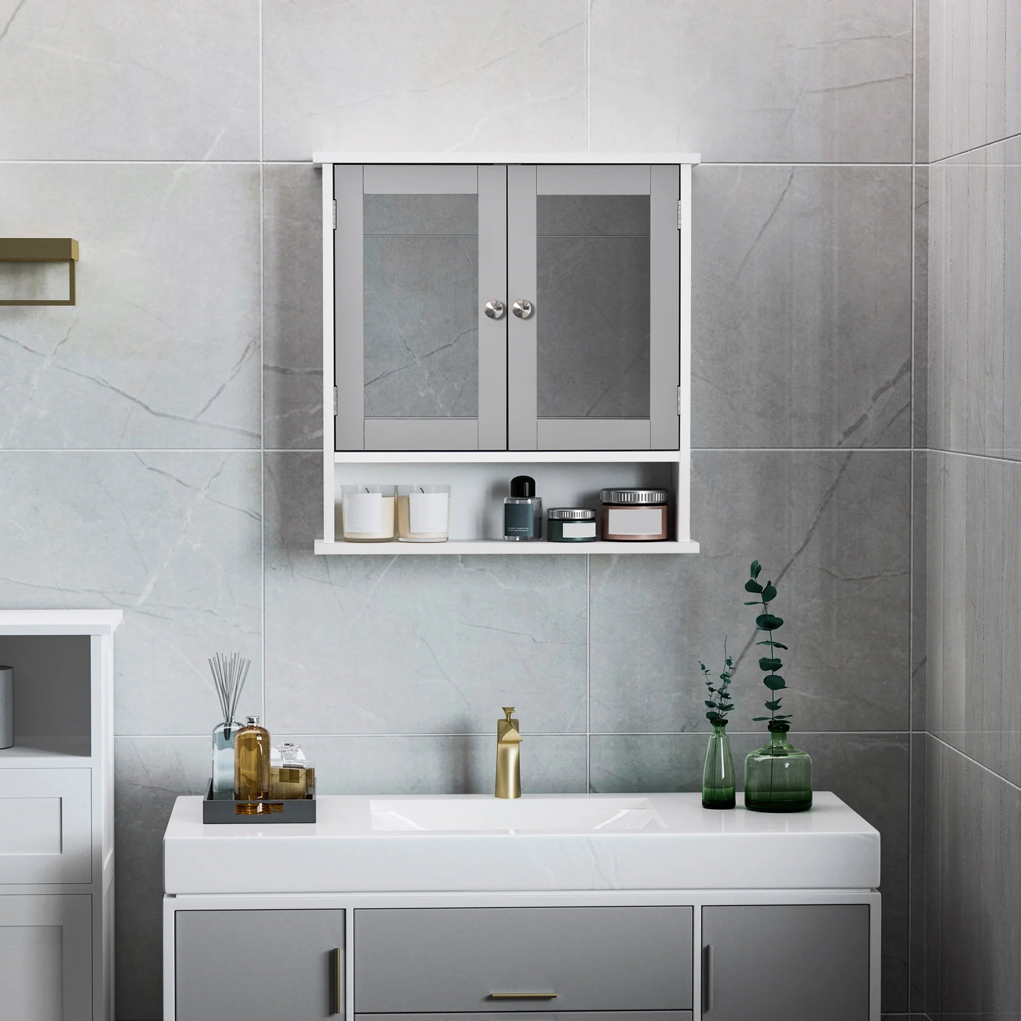 Wall Mounted Mirror Cabinet W/ Double Mirror Doors & Adjustable Shelf