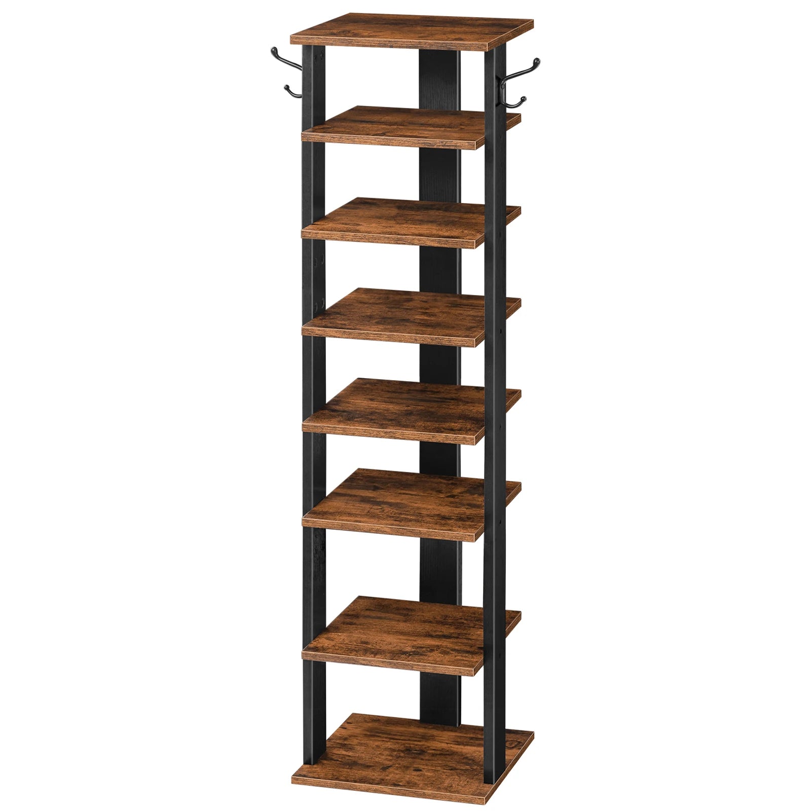 Shoe Rack Wooden, Tall Shoe Rack, Narrow Shoe Storage Organizer with 2 Hooks, Slim Shoe Shelf, Vertical Shoe Tower for Entrance,