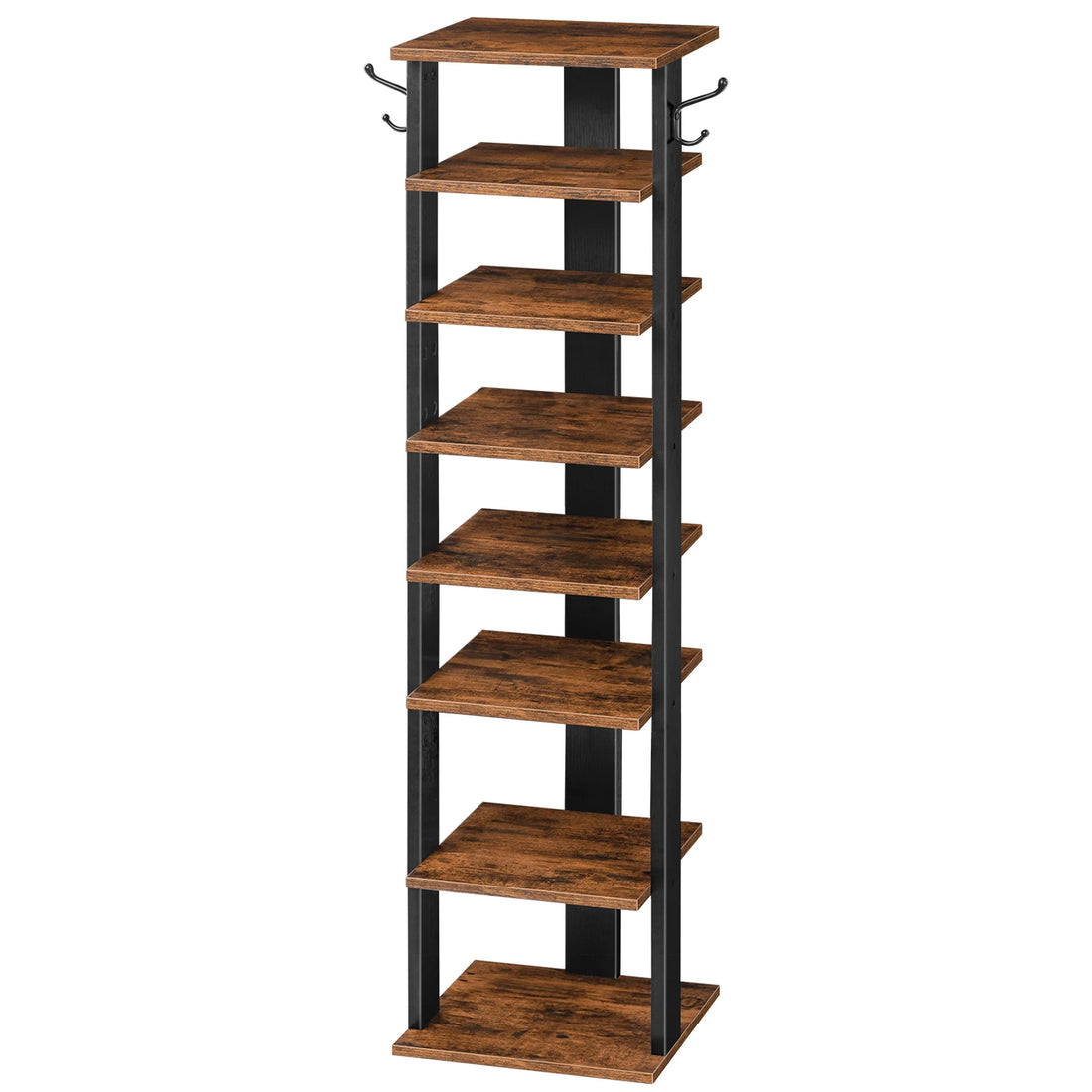 Shoe Rack Wooden, Tall Shoe Rack, Narrow Shoe Storage Organizer with 2 Hooks, Slim Shoe Shelf, Vertical Shoe Tower for Entrance,
