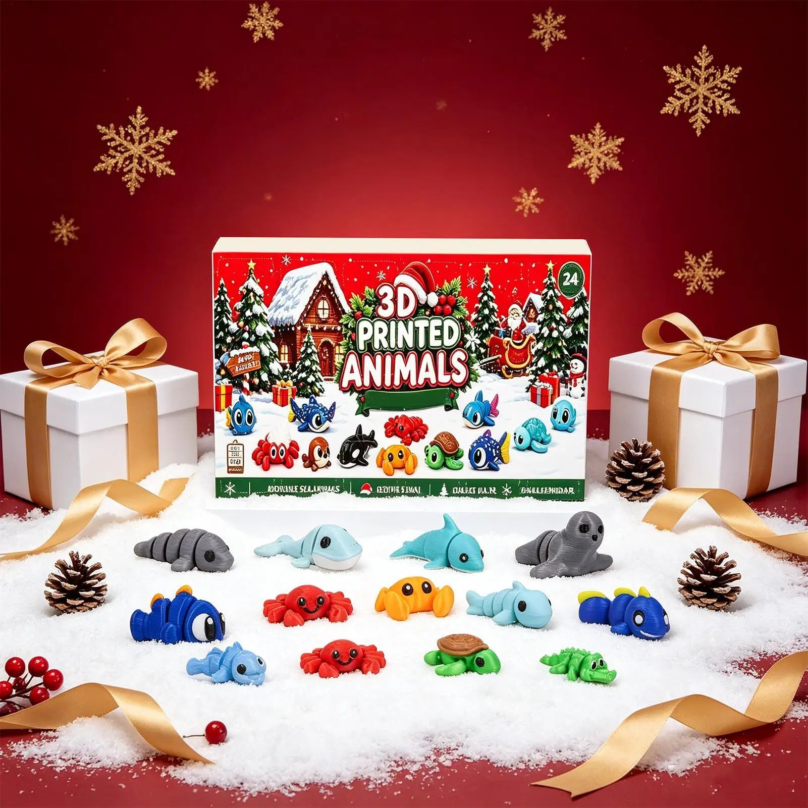 2026 Christmas Advent Calendar 24 Days 3D Printed Animal Figurines Big Eyes Flexible Fidget For Kids Xmas Party Gifts