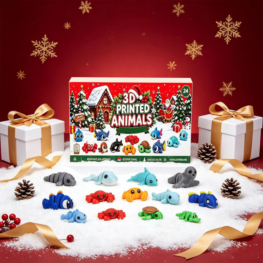 2026 Christmas Advent Calendar 24 Days 3D Printed Animal Figurines Big Eyes Flexible Fidget For Kids Xmas Party Gifts