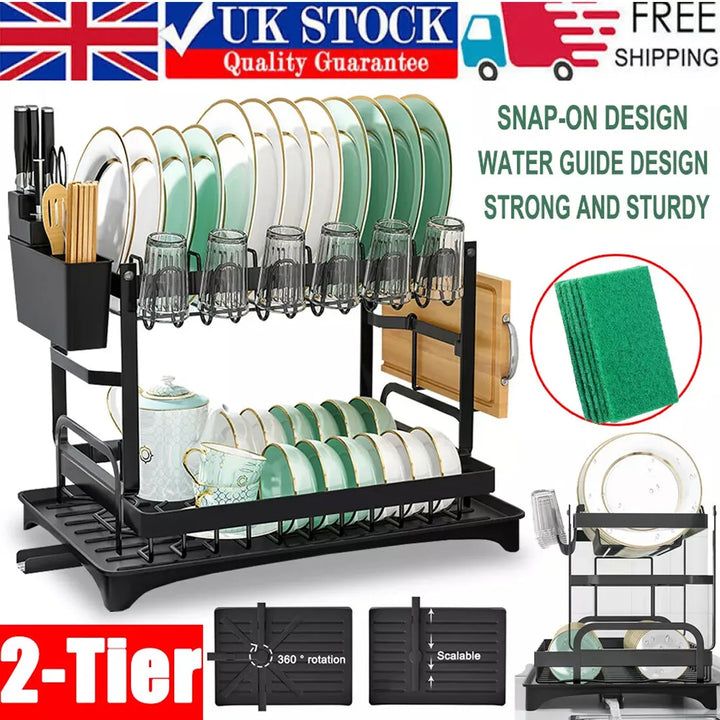2 Tier Kitchen Dish Drying Rack Rustproof Carbon Steel Large Capacity Automatic Drain Drainer Adjustable Cutlery Holder Countertop Sink Dish Bowl Plate Organizer