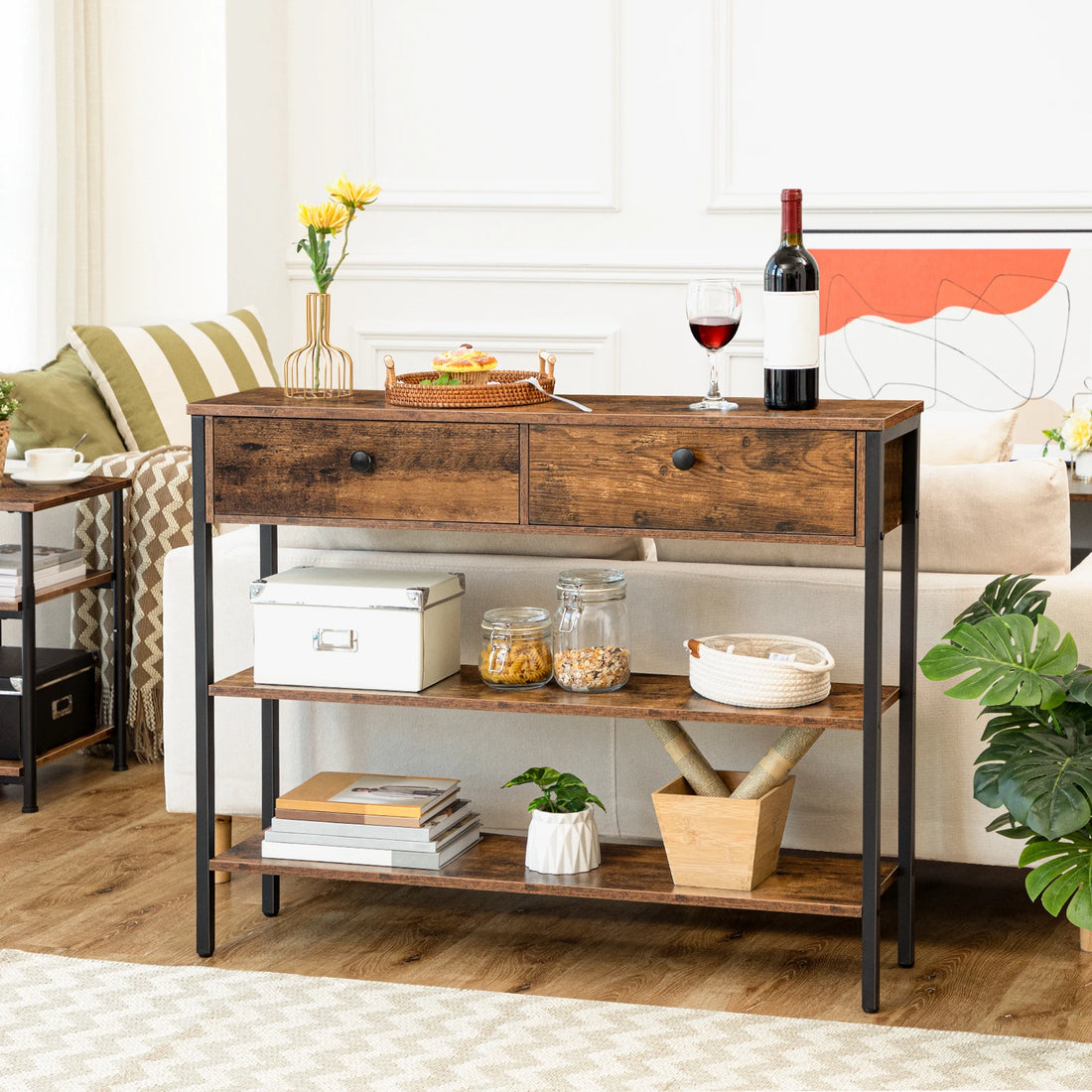 Rustic Brown Modern Console Table With 2 Drawers - Hallway Sofa Entryway Storage, Particleboard & Metal Frame Easy Assembly