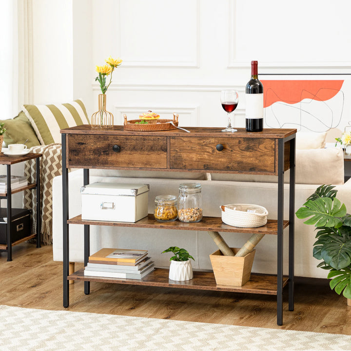Rustic Brown Modern Console Table With 2 Drawers - Hallway Sofa Entryway Storage, Particleboard & Metal Frame Easy Assembly