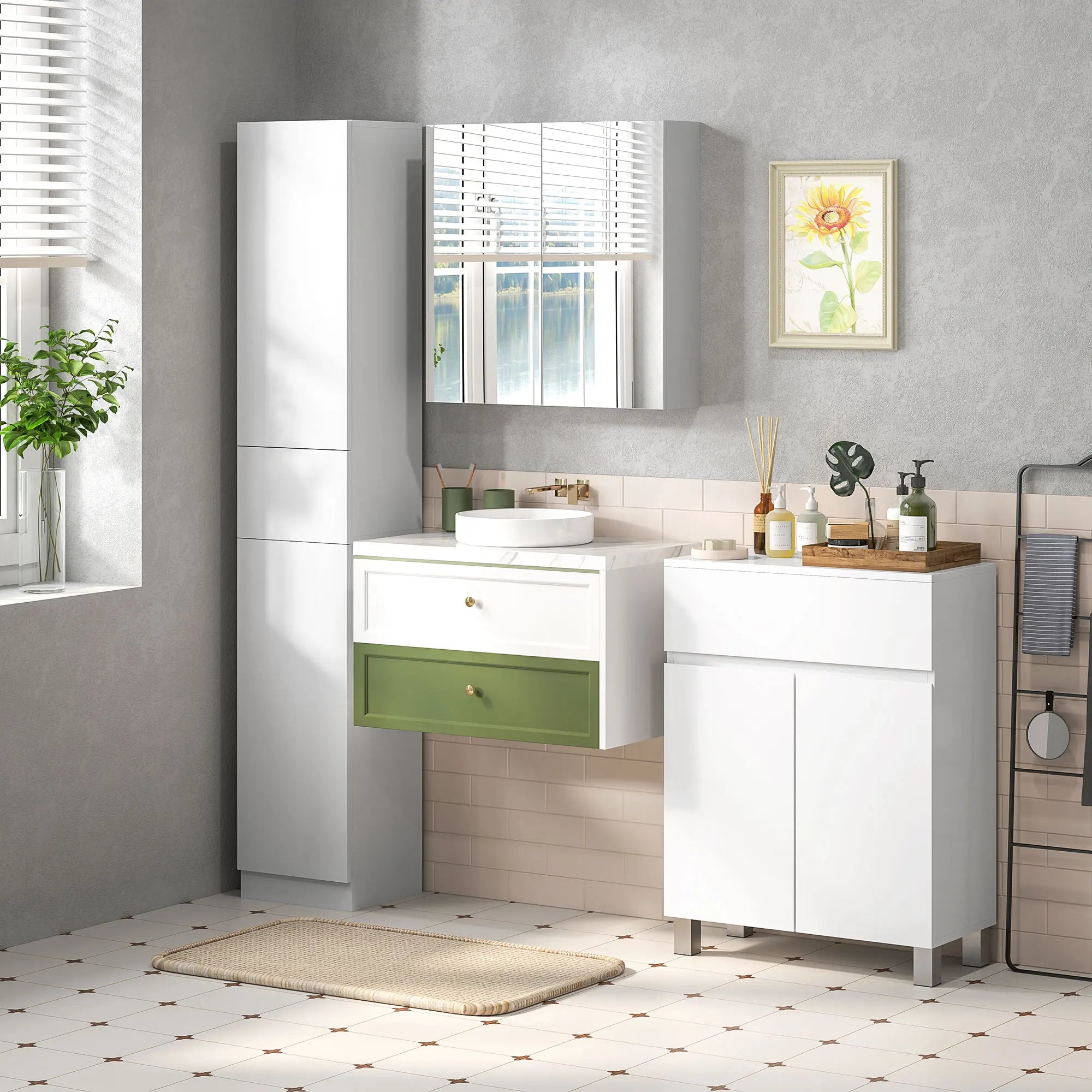 Wall Mounted Bathroom Storage Cupboard W/ Mirror and Shelf, White