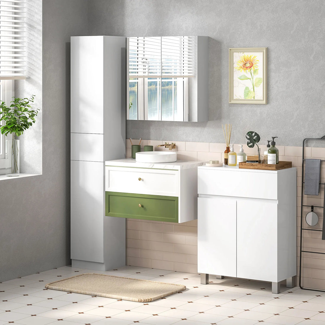 Wall Mounted Bathroom Storage Cupboard W/ Mirror and Shelf, White